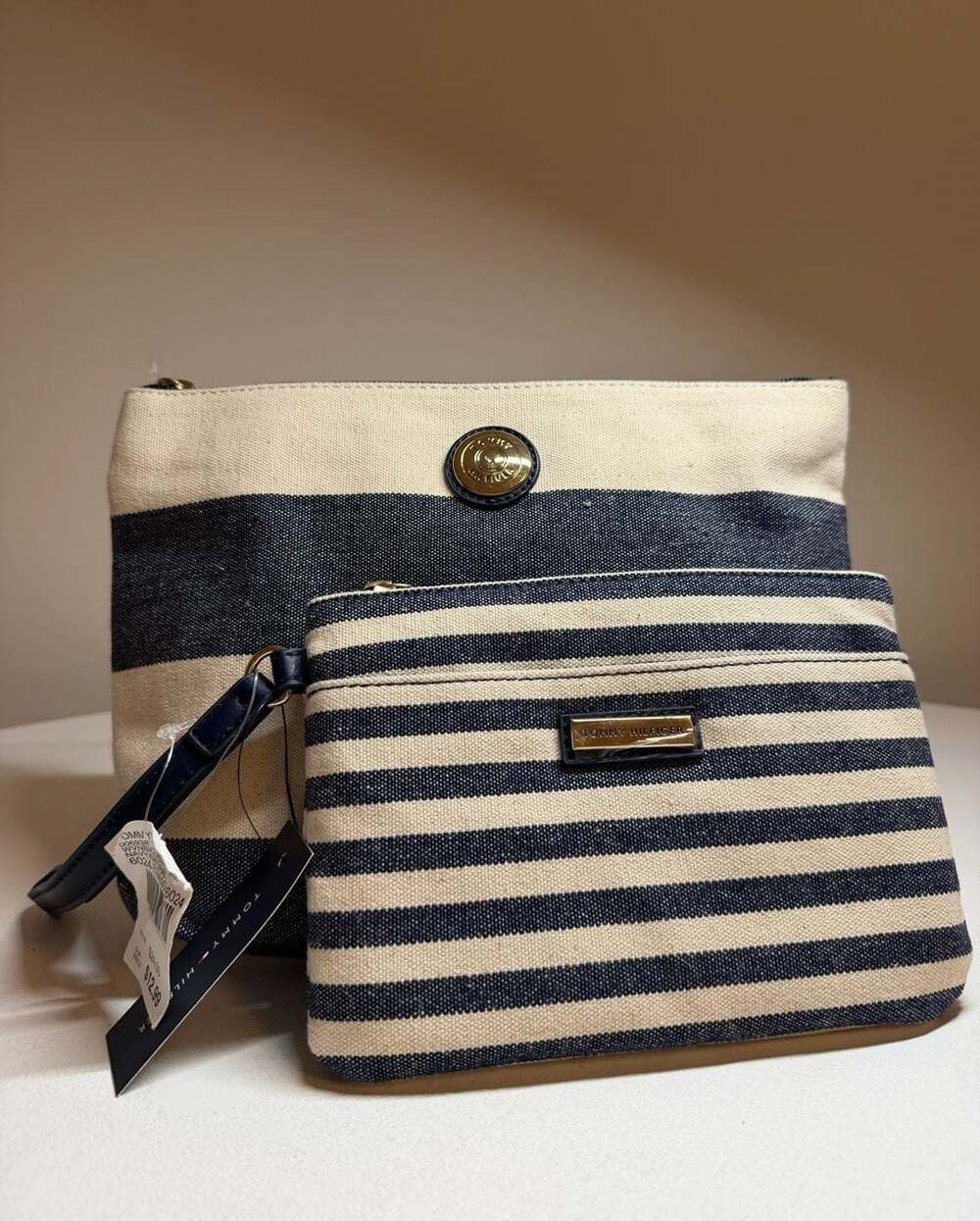 Tommy Hilfiger Navy and Natural Striped Canvas Clutch and Wristlet Set